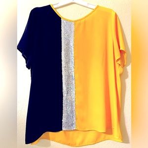 2X polyester, blouse, black, and yellow with a stripe of sequence.